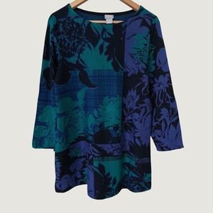 Chicos Blue Teal Purple Floral Knit Tunic Top Long Sleeve Boat Neck Size 1 M